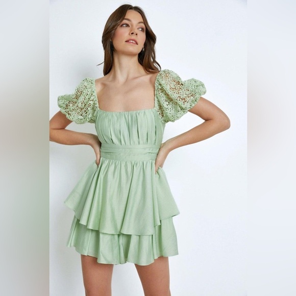 NWT-Lace Sleeve Back Tie Ruffle Tiered Mini Romper Dress - Picture 2 of 6